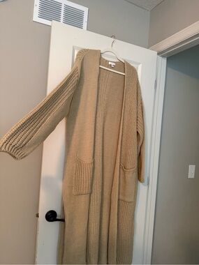Topshop Long Open-Front Knit Cardigan in Beige/Tan
